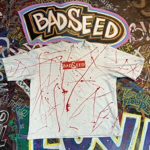 Upcycled Custom Badseed T-Shirt - Red Paint Splatter, Heat-Pressed Logo, Size XL